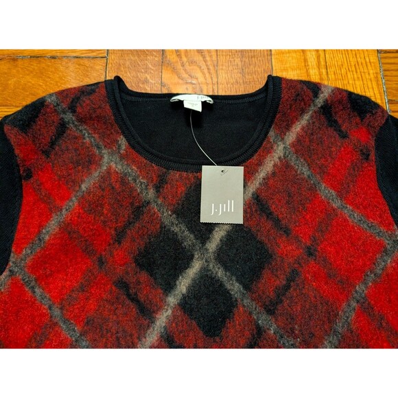 NWT J. Jill Crew Neck Sweater Women's Small Red Black Argyle Plaid Pullover - Picture 2 of 9